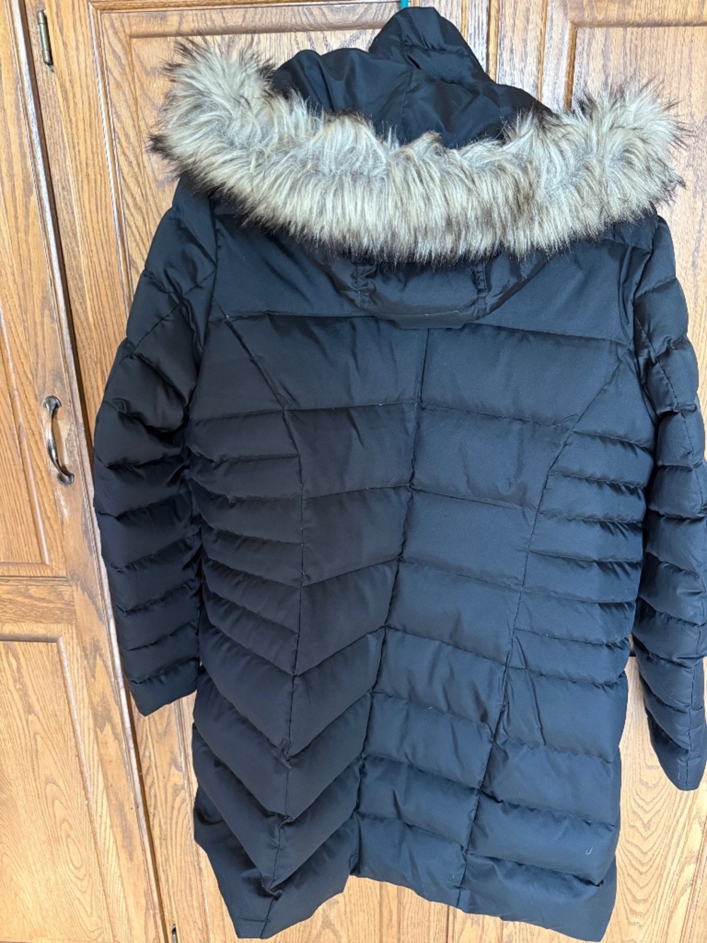 Lands End Down Parka, Black with detachable hood, Mid length, Size L (14/16)